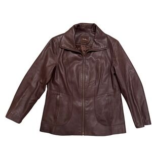 Cole Haan‎ Y2K Brown Luxe Lambskin Leather Zip Jacket Moto Tailored Classic Sz L